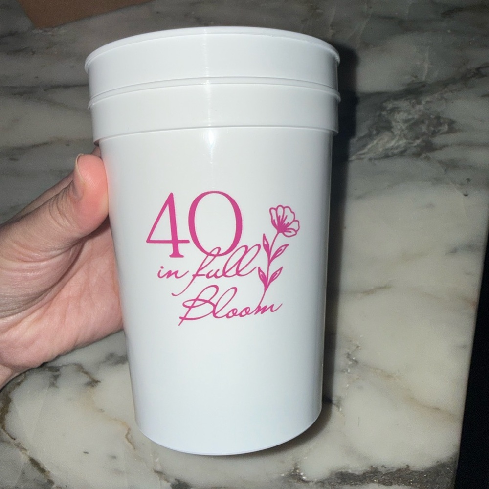 ‘40 in full Bloom’ Custom White and Pink Floral Stadium Cup